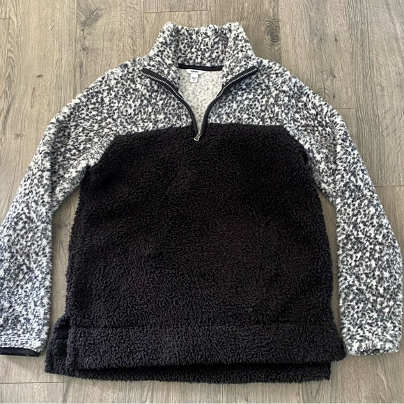 Sonoma Women's Teddy Jacket black white euc medium Sherpa soft warm quarter zip - Picture 5 of 8